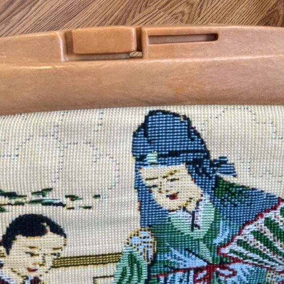 Vintage 70s Asian Tapestry Clutch Handbag Multi-Color Scenery Mini Bag Purse - Picture 8 of 9